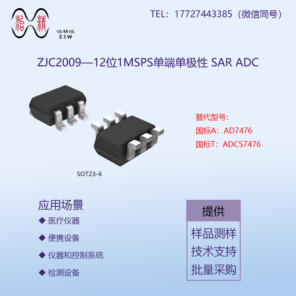 ZJC2009低噪声低功耗的12位ADC，与AD7476、