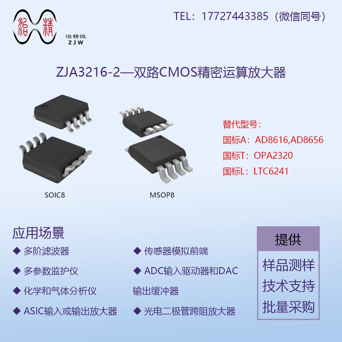 单电源放大器ZJA3216-2，与AD8616、OPA2320、